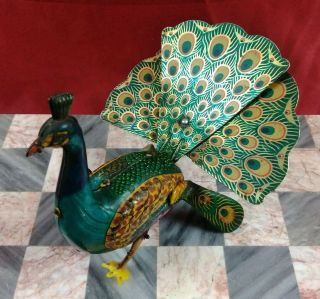 Rare Vintage Alps Japan Tin Lithograph Wind - Up Peacock