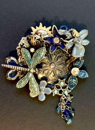 Vintage Kirks Folly Fairy Wishing Pool Pin/brooch/ Pendant Rare Silvertone Blue