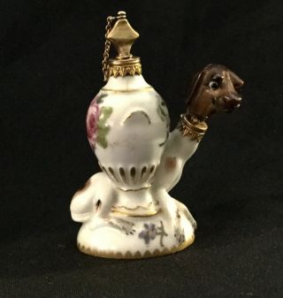 Antique 18 Century Miniature Porcelain Perfume Bottle Dog 14k Gold Stoppers