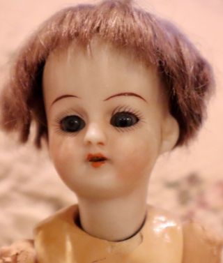 Antique 7 " German Bisque Simon Halbig Doll W/tiny Body & Human Hair Wig