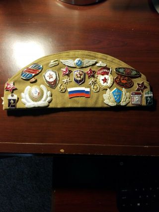 Vintage Russian Military Hat With 24 Pins And 3 Patches