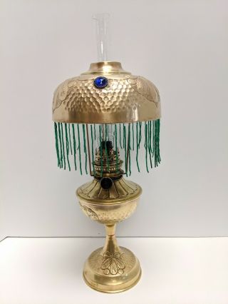Antique Hugo Schneider Brass Oil Lamp Jewels Glass Bead Fringe Germany Late 1800