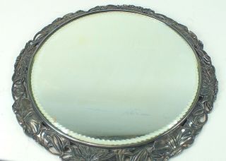 Antique Notched Beveled Cut Pairpoint Art Noveau Floral Lotus Silverplate Mirror