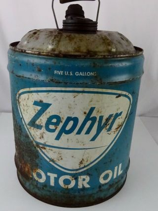 Zephyr Blue And White Vintage 5 Gallon Motor Oil Tin Can