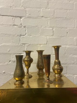 Set Of 5 X Antique Vintage Solid Etched Indian Brass Bud Vases.