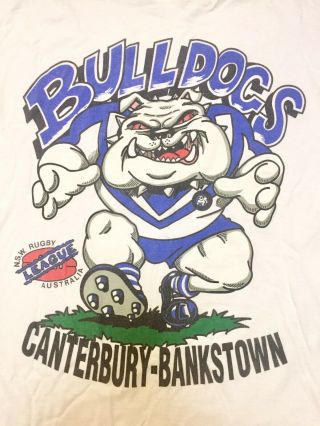 Canterbury Bulldogs Cartoon 90s Style Vintage White Cotton T Shirt Jersey Large
