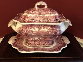 Large Vintage Masons Vista Red Pink Tureen Lid Underplate Ladle Dish Antique