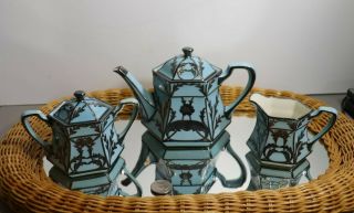 Vtg Lenox Light Blue With Silver Overlay Teapot Sugar Creamer 5 - Pc Set
