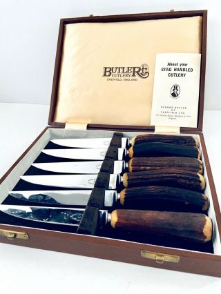 Vtg Staghorn Knives Box Set Of 6 English Steak Knives Butler Sheffield England