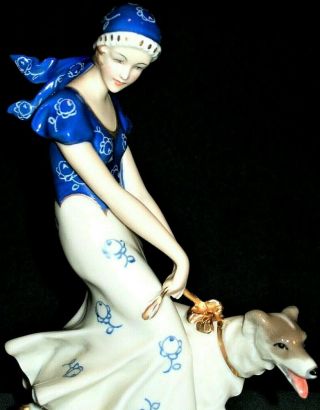 Antique Czech Pirkenhammer Art Deco Lady Flapper & Borzoi Dog Porcelain Figurine
