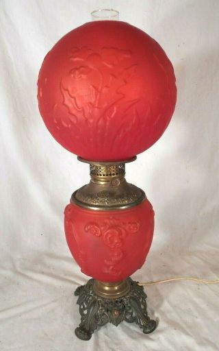 Antique Victorian 19th Century Gwtw Oil Lamp With Matching Ruby Red Glass Shade