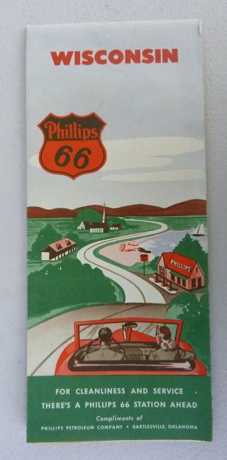 1950 Wisconsin Road Map Phillips 66 Oil Gas