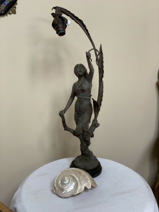 Antique Art Nouveau French Figural Lamp Seashell Shell Shade Newel Post
