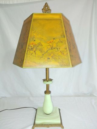 Antique Jade Green Lamp With Hunting Scene Lamp Shade By De Bono
