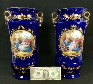 Large Vintage Pair Italian Capodimonte Style Vases Cobalt Blue & Gold Signed " N "