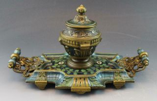 19c Austrian Vienna Cold Painted Bronze Inkwell Inkstand W/ Scrolling Flowers