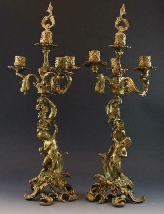 Pair C1890s French Rococo Bronze 4 Light Candelabra Garnitures W/ Cherubs