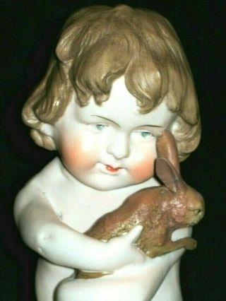 Antique German Victorian Hertwig Piano Baby Girl Doll With Bunny Bisque Figurine