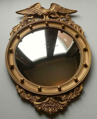 Vintage Federal Bullseye Gold Gesso Over Wood Convex Mirror Eagle 13 Colonies