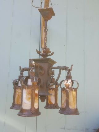 Antique Arts and Crafts Mission chandelier slag glass ceiling light fixture 2