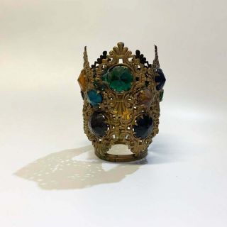 Antique Victorian Brass Ormolu Jeweled Fairy Lamp Shade Votive Holder Art Nouvea