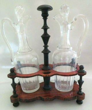 Antique Blown Glass Cruet Oil Vinegar Bottle Decanter Set,  Turned Wood Stand