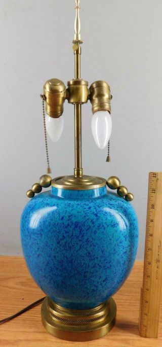 Mid - Century - Modern Turquoise Blue Glazed Pottery Brass Table Lamp Marked