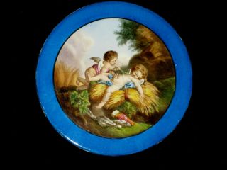 6 " Antique " Cherubs " Celeste Blue Hand Painted Porcelain Plaque French Sevres?