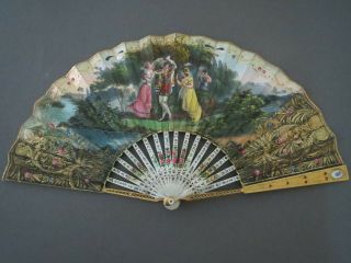 19th Century English Victorian Gilded Brass Mother Pearl Fan Jewelling