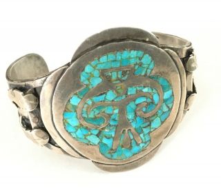 Antique Vtg Native American Squash Blossom Cuff Bracelet Sterling Silver Turquoi