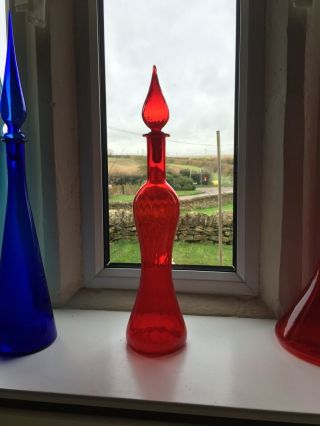 Vintage Red Hourglass Genie Bottle 1960’s Italian Empoli Scarlet Optic