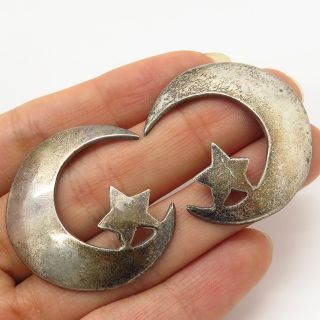 Vtg Mexico 925 Sterling Silver Crescent Moon & Star Large Earrings