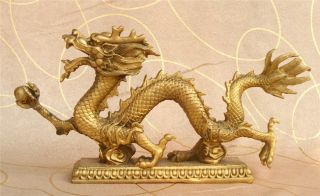 Old China Brass Hand Made Lucky Dragon Ball Auspicious Clouds Statue