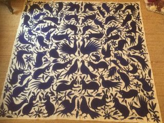 Vintage Otomi Mexican Hand Embroidered Fabric Large Wall Hanging 72x71 Inches