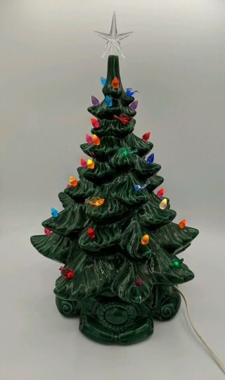 Vtg 16” Atlantic Mold Ceramic Christmas Tree Lighted Star 1970s Tabletop Green