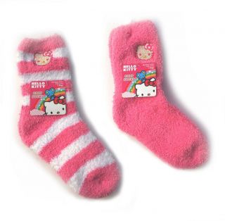 Sanrio Hello Kitty 2 Pair Set Kids Girls Crew Striped Cozy Socks Size 6 - 8 1/2 Nw