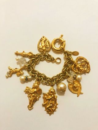Rare Vintage Kirks Folly Cherub Angel Gold Tone Bracelet With Heart & Pearl