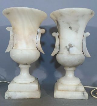 Pair (2) Antique Art Deco Era Alabaster Urn Style Mantel Luster Old Parlor Lamps