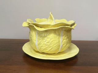 Vintage Secla Portugal Majolica Yellow Cabbage Leaf Soup Tureen With Underplate
