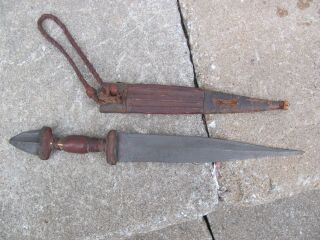 An Old Antique Asian Islamic Arabic Forged Iron Dagger Leather Handle Scabbard