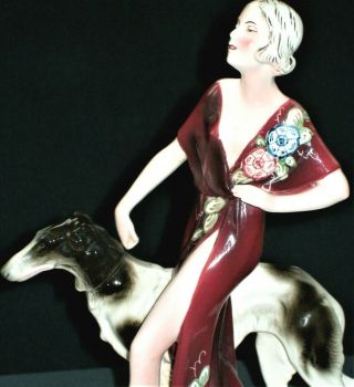 Antique German Art Deco Katzhutte Lady Flapper & Whippet Dog Porcelain Figurine