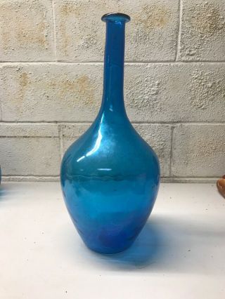 Vintage Mid Century Modern Blue Hand Blown Glass Tall Vase 19” Decanter 8” Wide