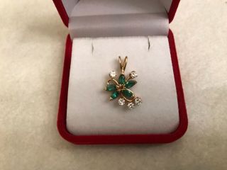 Vintage Hand Made Emerald And Diamond Pendant In 14 Kt Yellow Gold