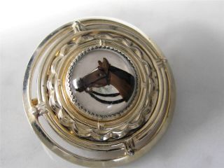 Vintage Gold Intaglio Reversed Painting Domed Crystal Horse Pin Brooch Fox Hunt