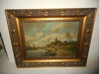 Antique Oil Painting,  Landscape - Church,  Sailboats,  People,  Ect. ,  Great Frame