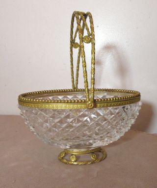 Antique Ornate Empire French Dore Bronze Crystal Centerpiece Bowl Basket Compote