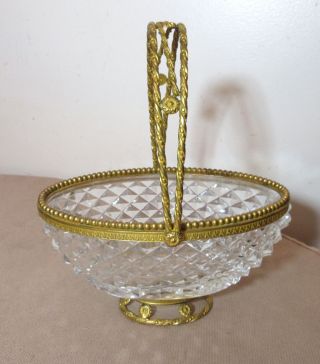 antique ornate Empire French dore bronze crystal centerpiece bowl basket compote 2