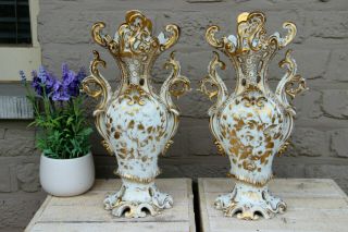 Antique Pair French Vieux Paris Porcelain Gold Gilt Vases Floral Decor