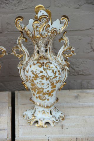 Antique PAIR French Vieux paris porcelain gold gilt Vases floral decor 2
