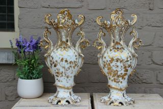 Antique PAIR French Vieux paris porcelain gold gilt Vases floral decor 3